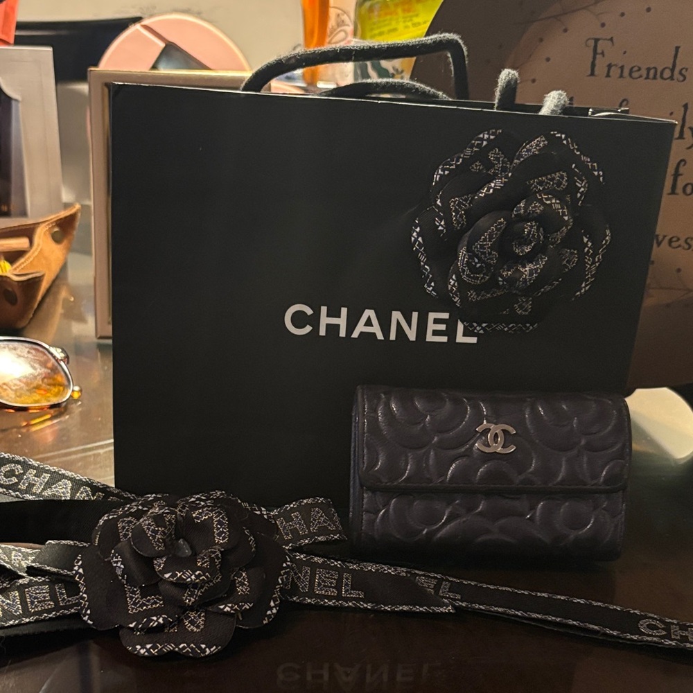 CHANEL Black Quilted Camellia Compact Wallet with CC Logo